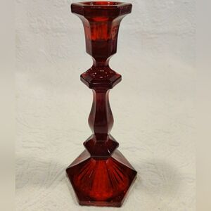 Fostoria Co. Ruby Red Coin  Glass Tall Candlestick Holder Vintage 1960s